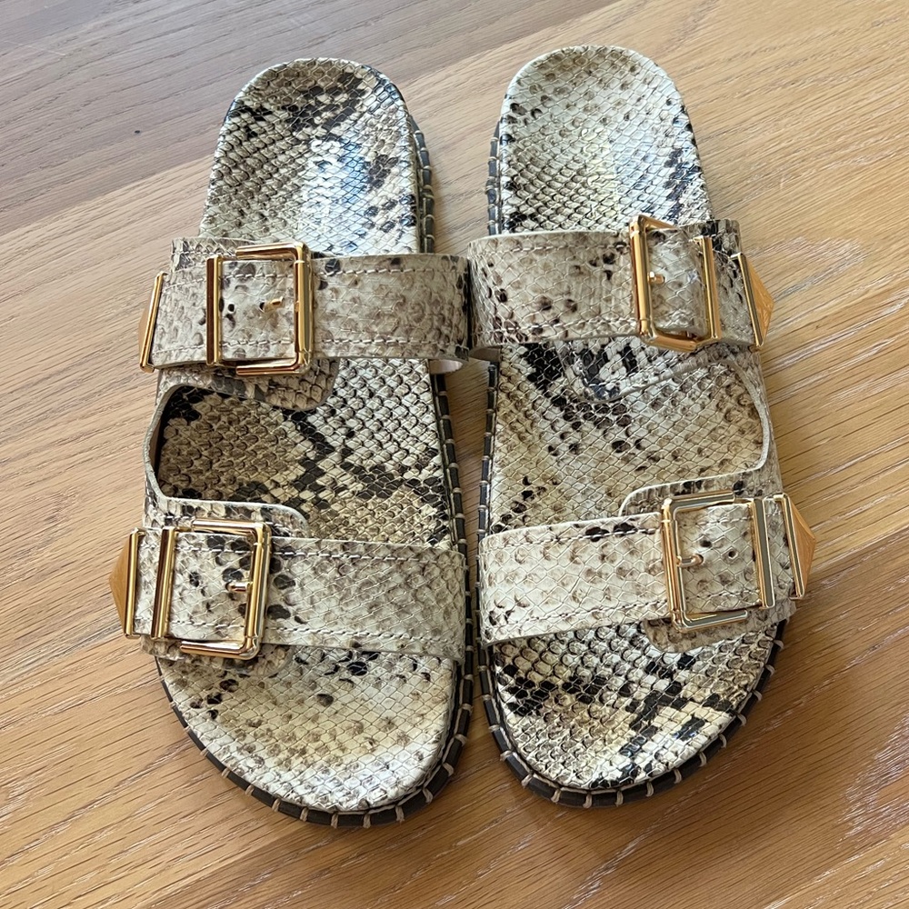 Schutz Snakeskin Slide Sandals with Gold Buckles